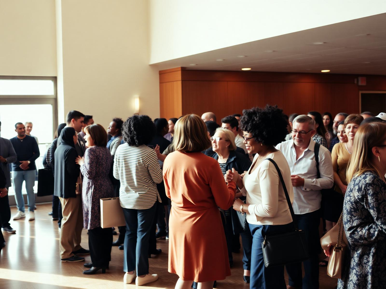 People greeting one another in the church lobby