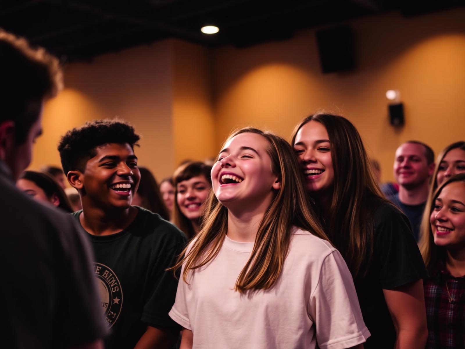 Students laughing together at a youth night